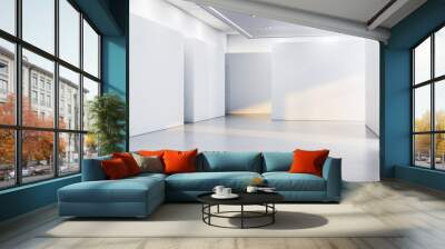 A modern, empty gallery interior with white walls and spotlights on a plain background, concept of an exhibition space. 3D Rendering Wall mural