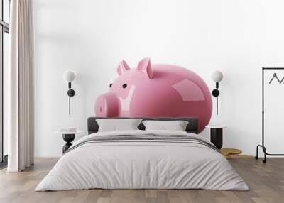 A pink piggy bank on top of gold coins, isolated on a white background, representing savings and investment Wall mural