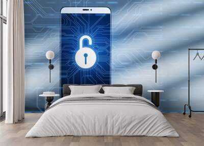 A smartphone with a digital lock icon, set against a circuitry background, illustrating the concept of cybersecurity in a digital illustration. 3D Rendering Wall mural