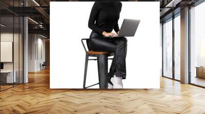 A smiling woman seated on a stool, using a laptop, isolated on a white background, depicting a casual work concept Wall mural