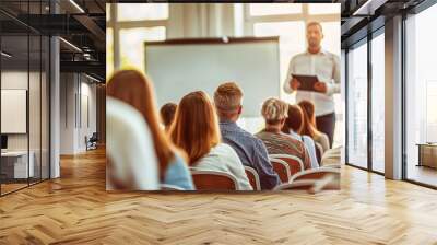 A speaker presenting to an audience in a bright room, focus on learning or corporate training, with a creative background concept. Generative AI Wall mural