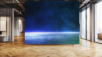 Abstract background with blank dark wall and smoky concrete floor illuminated by blue color. Mockup Wall mural