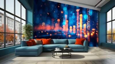 Abstract bokeh lights with a cityscape silhouette, digital art style, on a dark blue background, concept of urban nightlife. Generative AI Wall mural