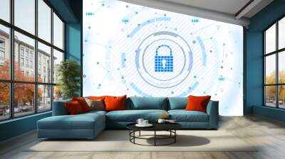 Abstract cyber security concept with a padlock icon, network data and dynamic lines on a light blue background Wall mural