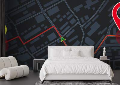 Abstract dark map background with location marks. GPS, innovation and navigation concept. 3D Rendering. Wall mural