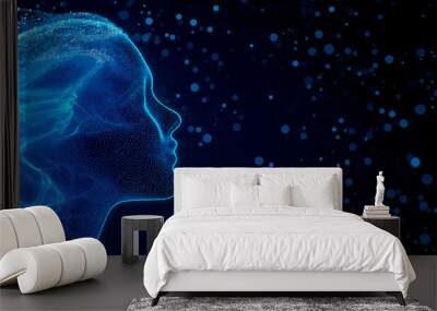 Abstract digital illustration of a human profile composed of glowing blue particles on a dark background. Wall mural