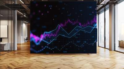 Abstract glowing candlestick forex chart with index and grid on dark background. Invest, trade, finance ans stock market concept. 3D Rendering. Wall mural