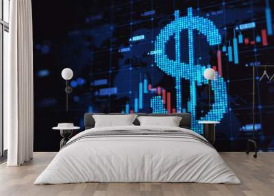 Abstract glowing growing forex chart with dollar sign on dark backdrop. Trade, finance and economy concept. 3D Rendering. Wall mural