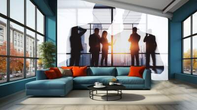 Abstract image of businesspeople working together on abstract city office interior background with daylight. Teamwork and finance concept. Double exposure. Wall mural