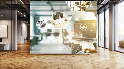 Abstract image of office interior, various devices and people communication network. Lifestyle and work concept. Double exposure. Wall mural