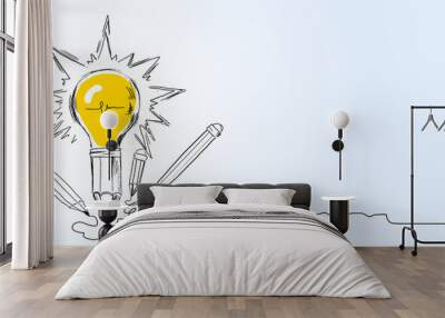 Abstract light bulb pencil sketch on white background with mock up place. Idea and innovate concept. Wall mural