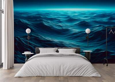 Abstract ocean waves in various shades of blue, digital art style, against a dark background, conveying a concept of nature's dynamics. Generative AI Wall mural