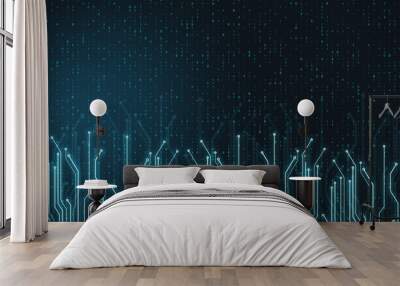 Abstract technology chip lines growing from bottom to top at digital binary code background. Wall mural