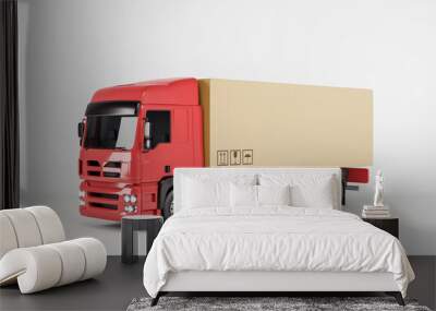 Abstract truck with cardboard box and mock up place on white background. 3D Rendering. Wall mural