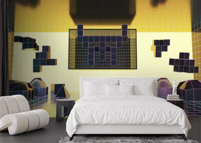 Abstract yellow gaming reality background with joysticks and blocks. HUD, tech and future concept. 3D Rendering. Wall mural