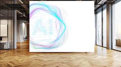 AI symbol adorned with complex circuit layout on a white background. Surrounded by colorful, flowing elements 3D rendering. Wall mural