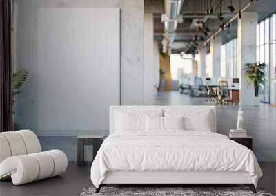 An empty poster frame in a modern office interior, on a concrete wall, with natural light from windows, concept of advertising space. Generative AI Wall mural