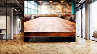 An empty wooden table with a blurred restaurant interior in the background, displaying a warmth and welcome ambiance, Generative AI. Generative AI Wall mural