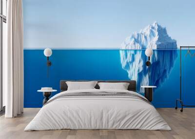 An iceberg visible above and below water on a clear blue background, illustrating the concept of hidden depth. Generative AI Wall mural