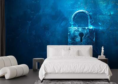 An illuminated padlock on a textured blue background, representing digital security concept. Generative AI Wall mural