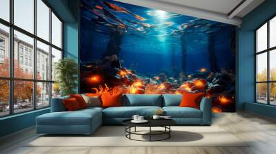 An underwater landscape with glowing elements and rocks, artistic style, serene deep blue background, concept of a fantasy marine ecosystem. Generative AI Wall mural