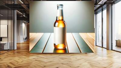 Beer bottle with blank label on a wooden surface, realistic style, illuminated background, concept of branding mockup. Generative AI Wall mural