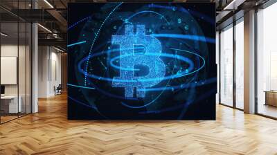 Bitcoin icon over global network lines and nodes. International currency and exchange concept. 3D Rendering Wall mural