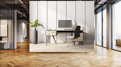 Blank black computer monitor on modern table in eco style interior room with wooden floor. Mockup Wall mural