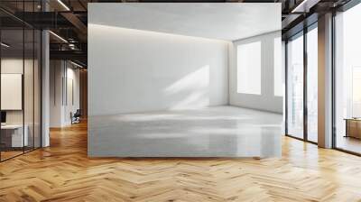 Blank light wall in sunny spacious empty room with big windows and concrete floor. 3D rendering, mock up Wall mural