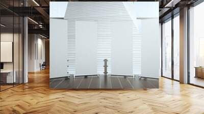 Blank posters on wooden floor in futuristic interior hall with b Wall mural