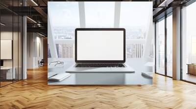 Blank screen of laptop, diary and glasses, mock up Wall mural