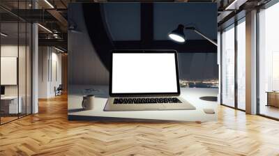 Blank white laptop screen on the table and lamp in the office wi Wall mural