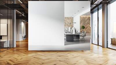 Blank white wall in spacious eco style interior coworking office with wooden wall and concrete floor. Mockup Wall mural