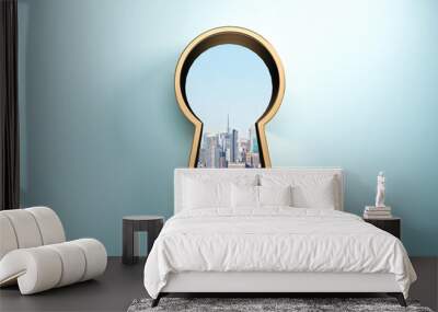 Blue wall with golden keyhole Wall mural