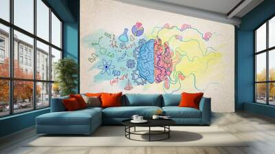 Brainstorming concept with colorful two brain hemispheres handwriting sketch with science and education formulas and signs and abstract illustration on kraft paper Wall mural