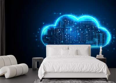 Bright digital cloud icon with wireframe design on dark background illustrating data storage and computing technologies concept. Wall mural