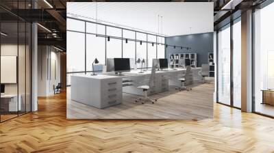 Bright wooden and concrete coworking office interior with furniture and window with city view. Workplace concept. 3D Rendering. Wall mural