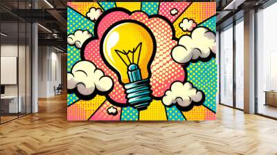 Bulb with clouds pop art retro. Comic book style imitation. Generative AI Wall mural