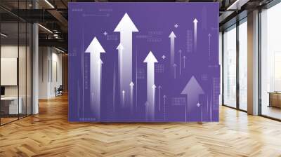 Business success concept with white growing arrows, plus signs, pixel symbols and lines on abstract purple background Wall mural