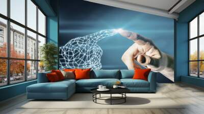 Businessman hand pointing at polygonal hand on dark blue background. Robotics and digital transformation concept. Wall mural