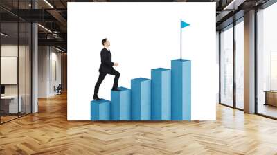 Businessman in a suit climbing blue blocks towards a flag on a white background. Concept of goal achievement and career success Wall mural