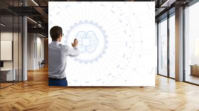 Businessman interacting with futuristic digital AI interface, white background, wearing formal attire, concept of technology and innovation Wall mural