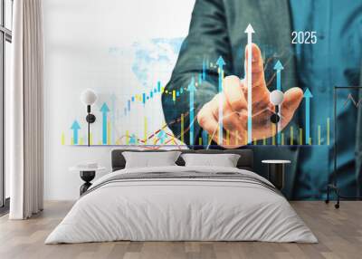 Businessperson pointing at a rising financial graph with arrows and data on a white background. Wall mural