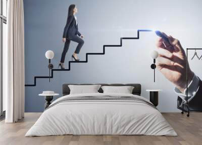 Businesswoman ascending hand drawn stairs, concept of progress and career advancement Wall mural