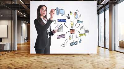 Businesswoman drawing creative business sketch on white wall background. Training and success concept. Wall mural