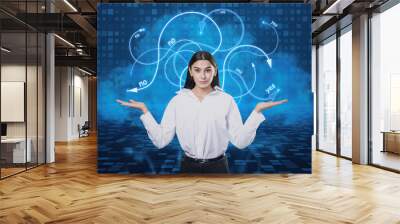 Choice and business direction concept with young woman on digital wall background with lots of yes and no words and wavy arrows Wall mural