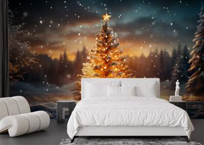 Christmas tree in snowy forest. Christmas background. Generative AI Wall mural