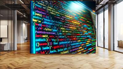 Close-up of colorful computer code on a monitor, with a blurred background, depicting the concept of programming. Generative AI Wall mural