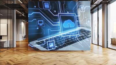 close up of laptop at desktop with abstract glowing circuit cloud computing interface on blurry blue Wall mural