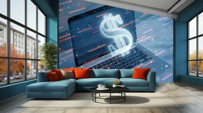 Close up of laptop with glowing dollar hologram on blurry desktop background. Money and digital finance concept. Double exposure. Wall mural